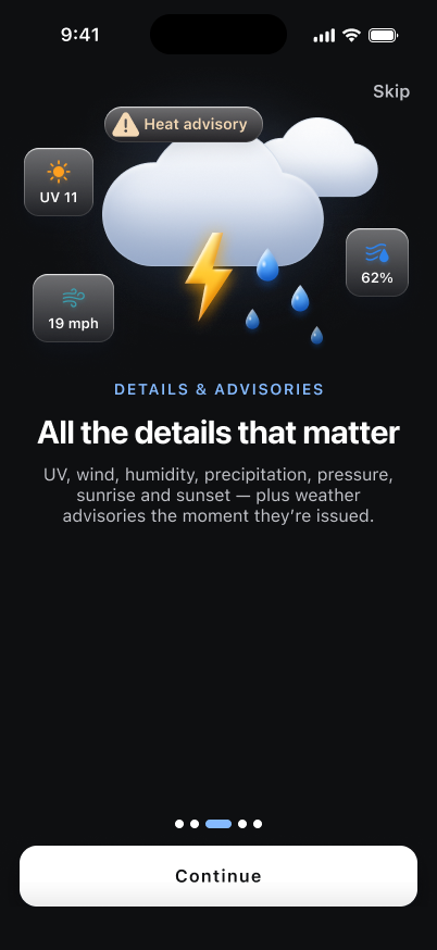 Climate dark-mode onboarding illustration for weather details and advisories